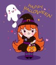 Vector illustration of baby girl character cartoon in beautiful dress with ghost and treats